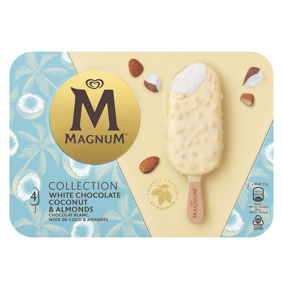 MAGNUM Bâtonnet glacé chocolat blanc noix de coco amande 4 pièces 284g