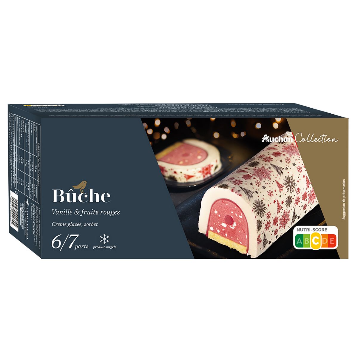 AUCHAN COLLECTION Bûche sérigraphiée : vanille et fruits rouges 67 parts  495g pas cher - Auchan.fr