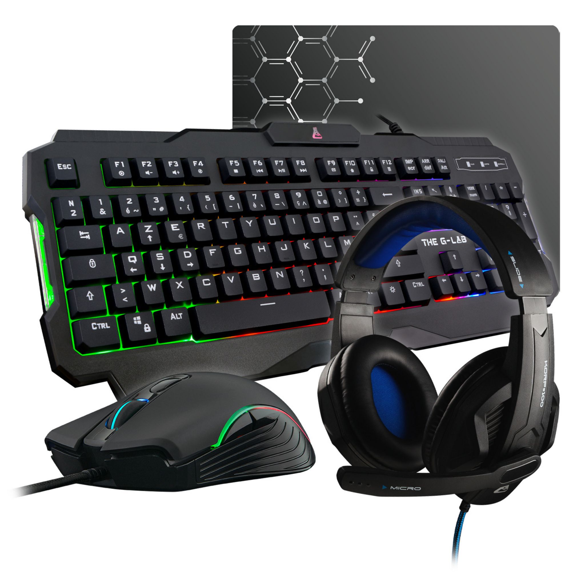 The G-Lab Combo Helium - Ensemble Gaming 4 en 1 - Clavier Gamer AZERTY  Rétroéclairé, Souris Gamer 3200 DPI, Écouteurs Intra-Auriculaires, Tapis de  Souris - Pack Gamer - Cyber Planet