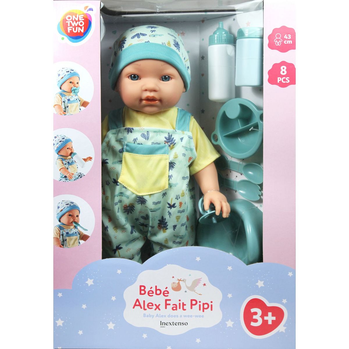 ONE TWO FUN Poupée Bébé Alex fait pipi 43 cm + Accessoires pas