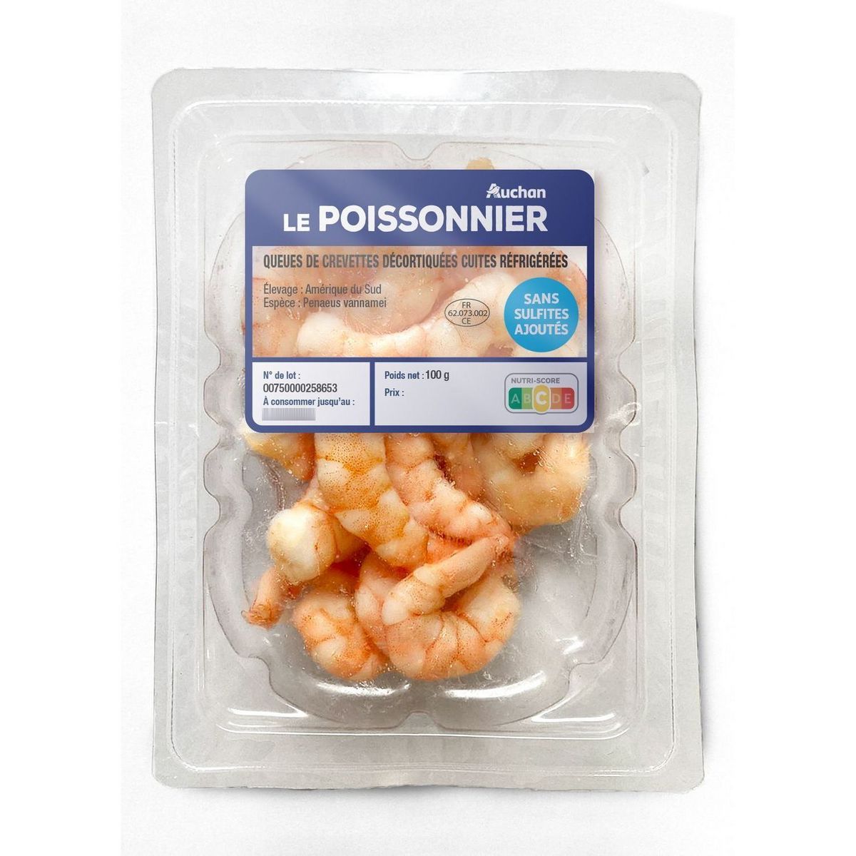 AUCHAN LE POISSONNIER Queues de crevettes décortiquées cuites réfrigérées 100g