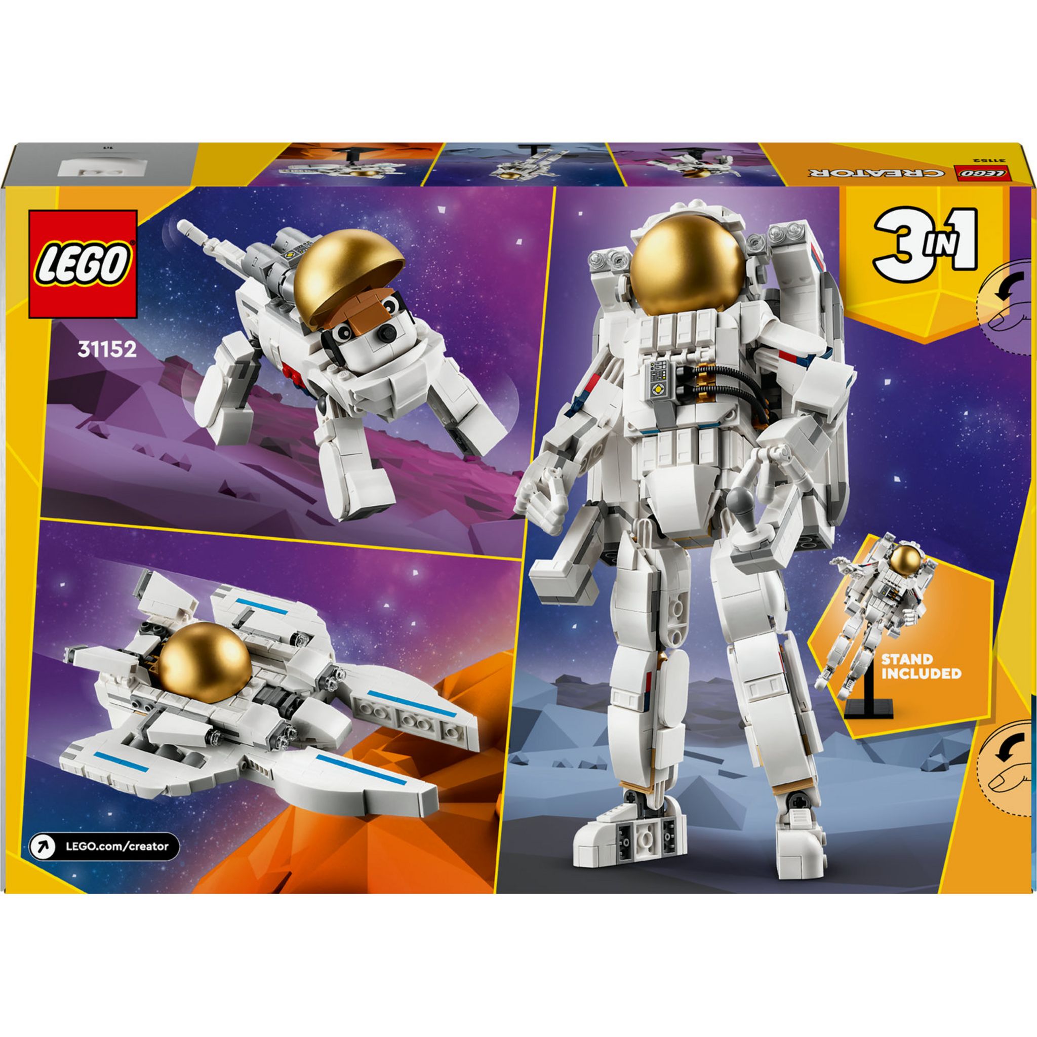 LEGO Creator 3-en-1 L'Astronaute dans l'Espace, Jouet de Construction avec  Chien et Navette Spatiale, Décoration de Chambre d'enfant, Cadeau Créatif  pour Garçons et Filles de 9 Ans 31152 : : Jeux et