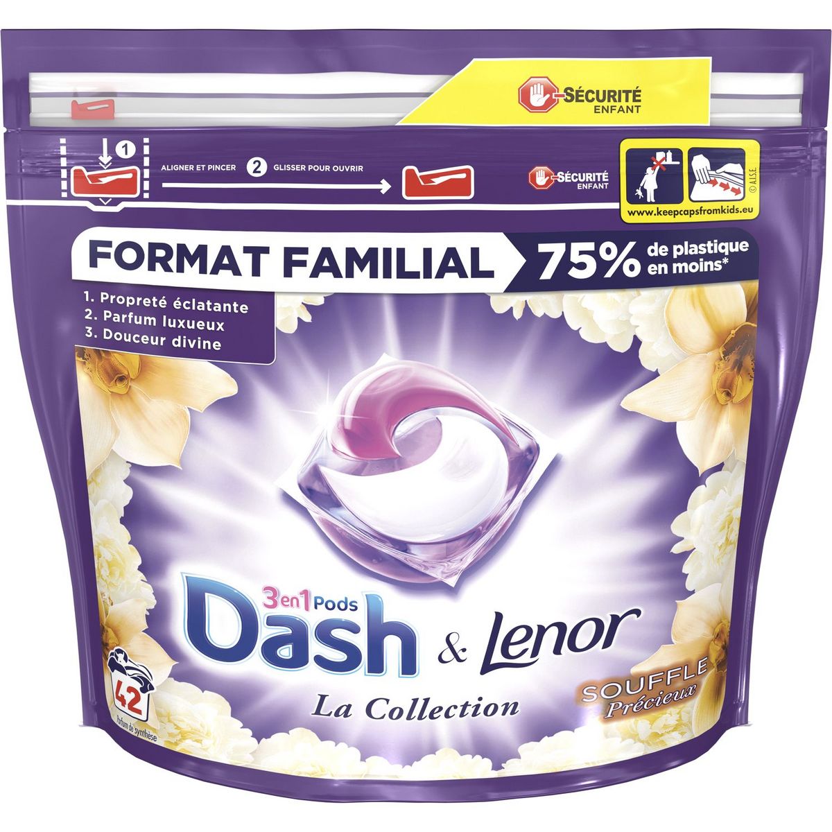 DASH Dash&Lenor Pods lessive souffle précieux x42 1,168kg 42 pods 1,168kg  pas cher 
