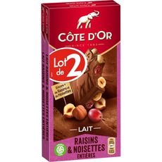 COTE D'OR Tablette de chocolat au lait aux noisettes entières et aux raisins 2 tablettes 2x180g