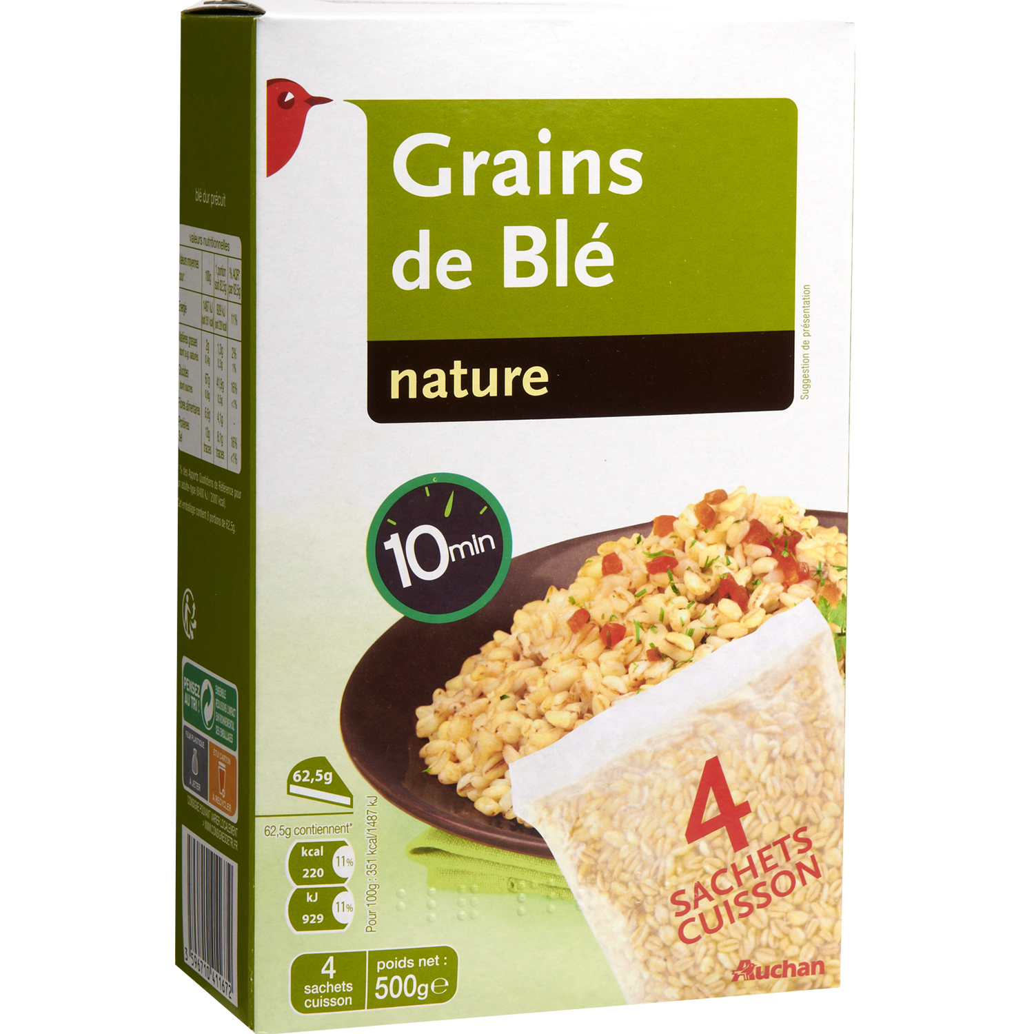 AUCHAN Grains de blé nature 8 portions 500g pas cher 