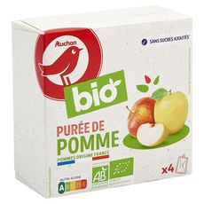 AUCHAN BIO Gourdes purée de pomme sans sucres ajoutés bio 4 gourdes 360g