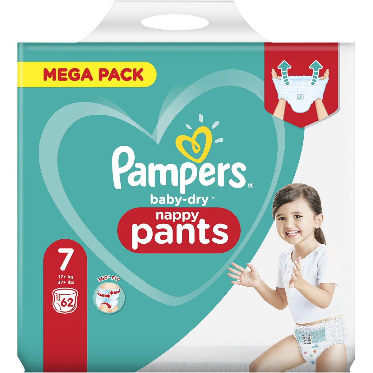 Culottes Pampers taille 7, 124 pièces, 17 kg, lingettes de poulet