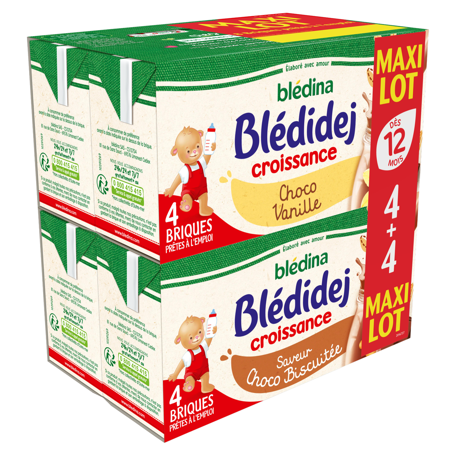 BLEDINA Blédidej céréales lactées croissance choco vanille ou biscuitée  8x250ml pas cher 