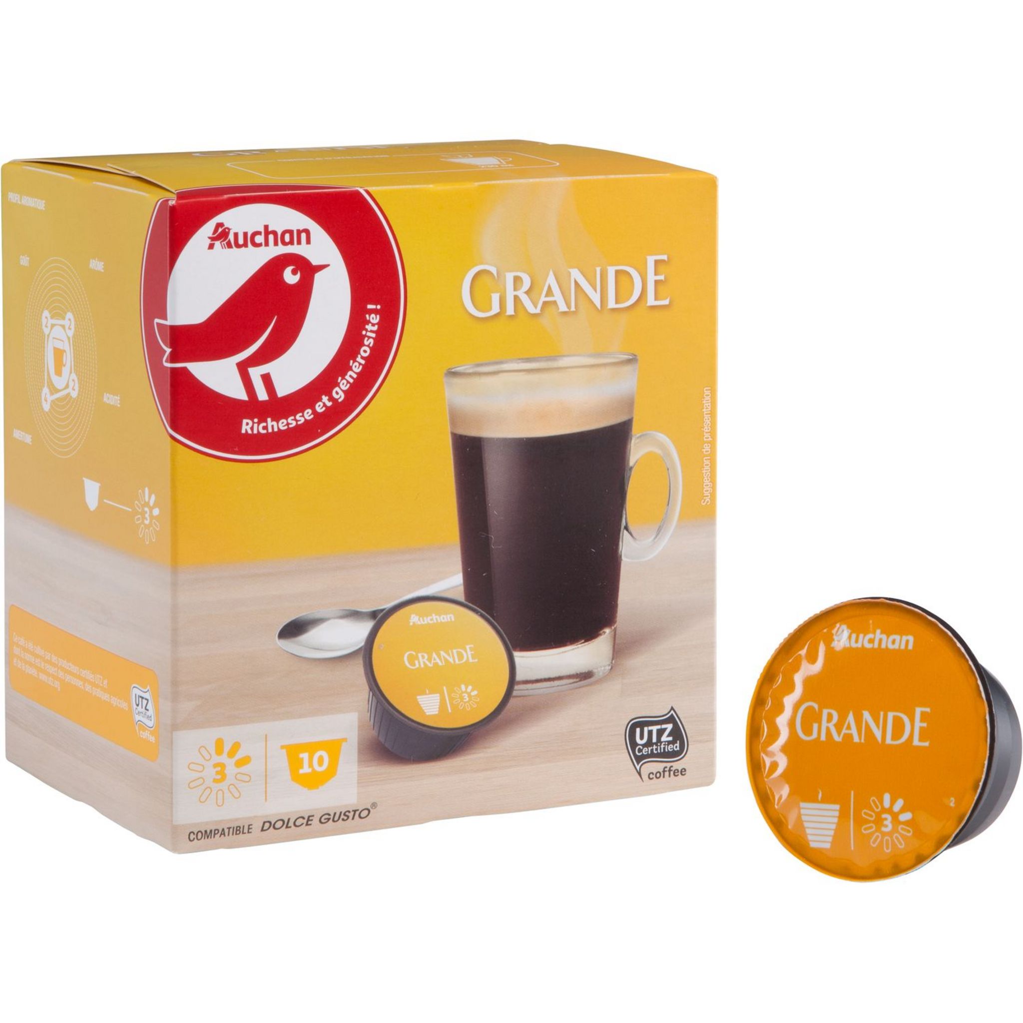 AUCHAN Capsules de café grande intensité 3 compat.Dolcé Gusto 10 capsules  70g pas cher 