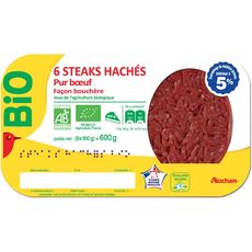 AUCHAN BIO Steaks hachés pur bœuf façon bouchère bio 6 pièces 600g
