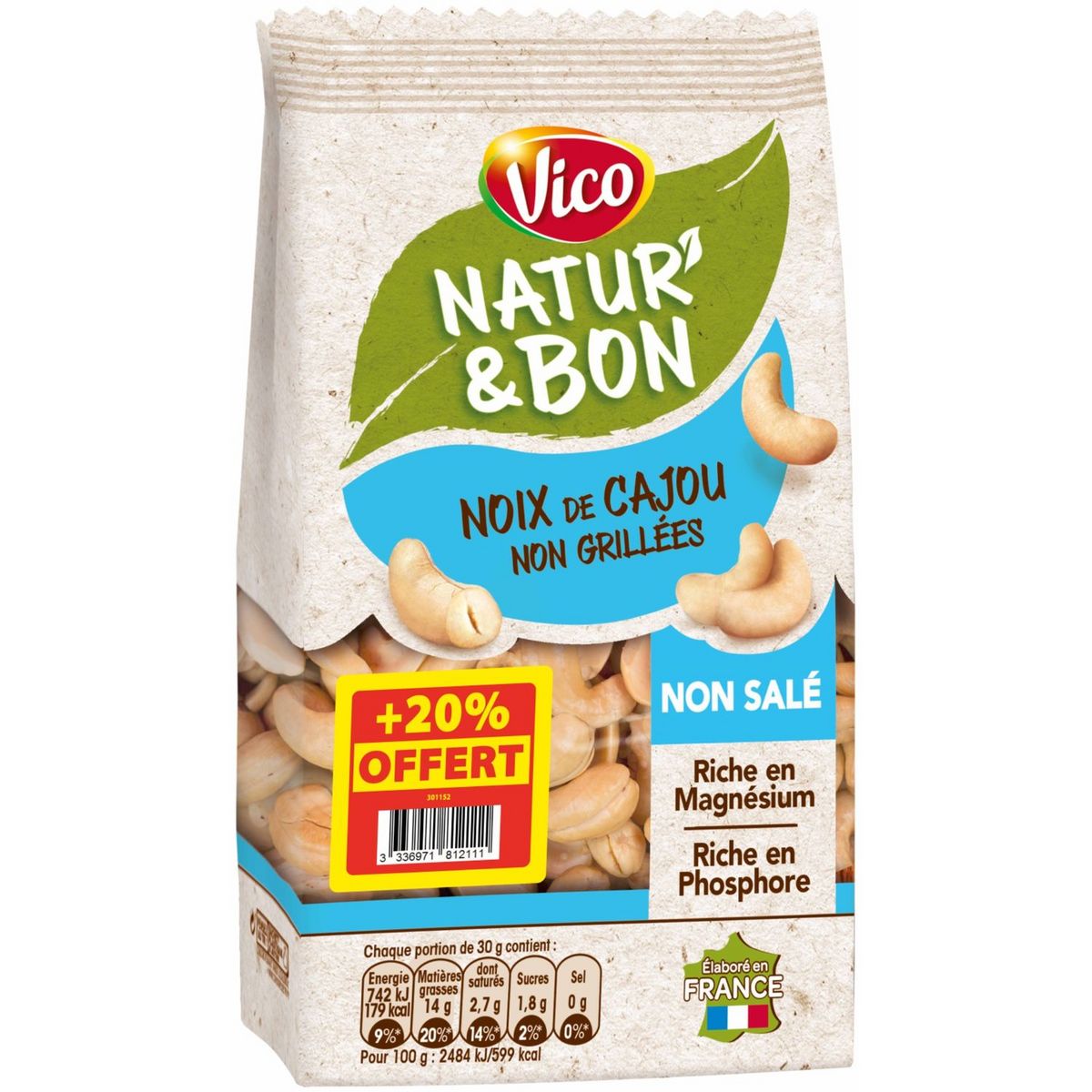 VICO Natur'& bon noix de cajou non grillées non salé 200g+ 20% offert pas  cher 