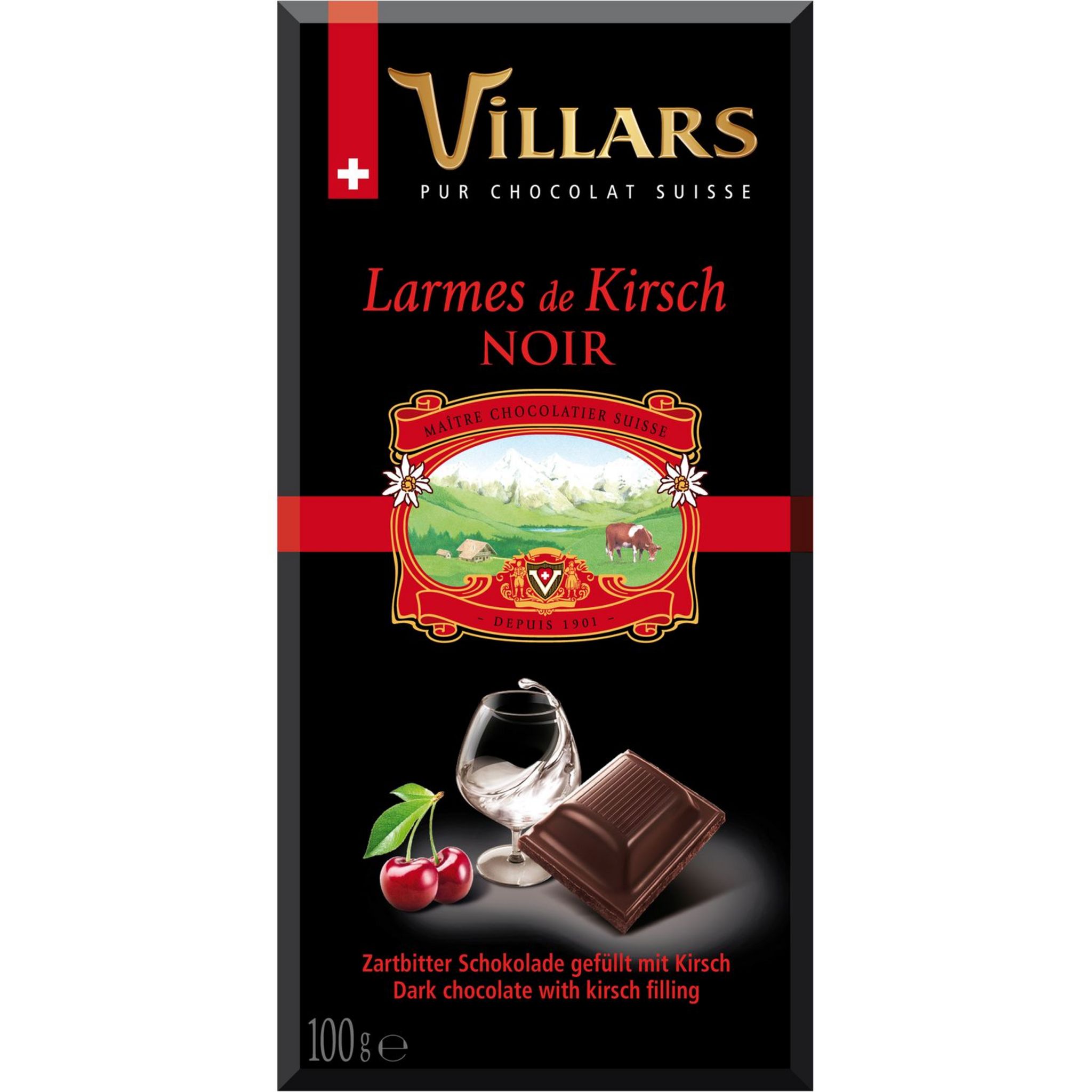 VILLARS Villars chocolat noir fourré à la liqueur de kirsch 100g pas cher 