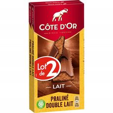 COTE D'OR Tablette de chocolat au lait fourrée praliné double lait 2 tablettes 2x200g