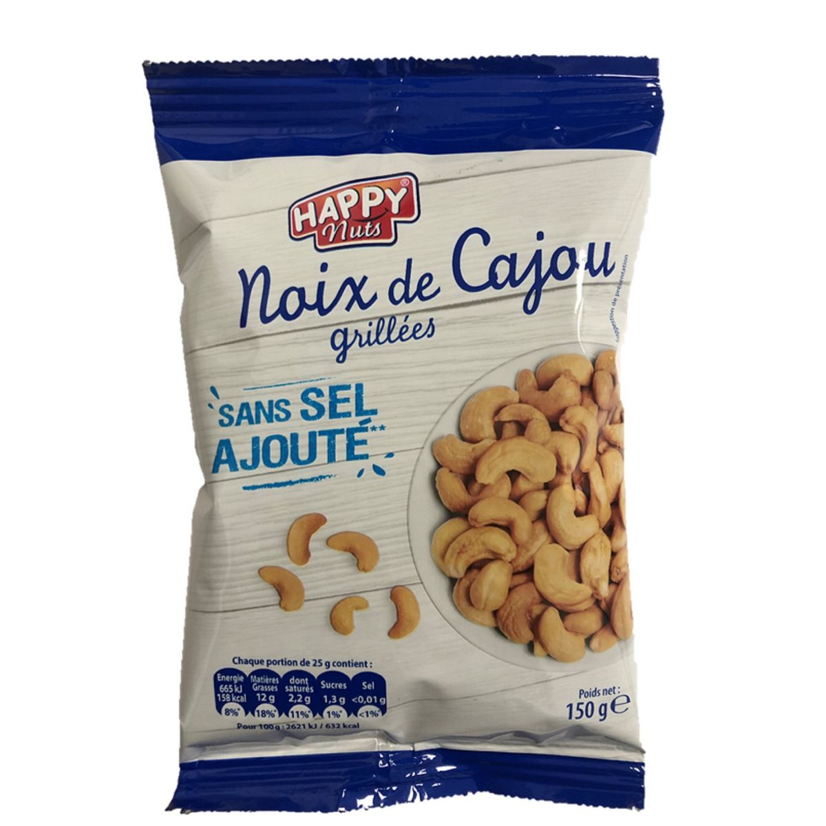 HAPPY NUTS Noix de cajou grillées sans sel ajouté  150g