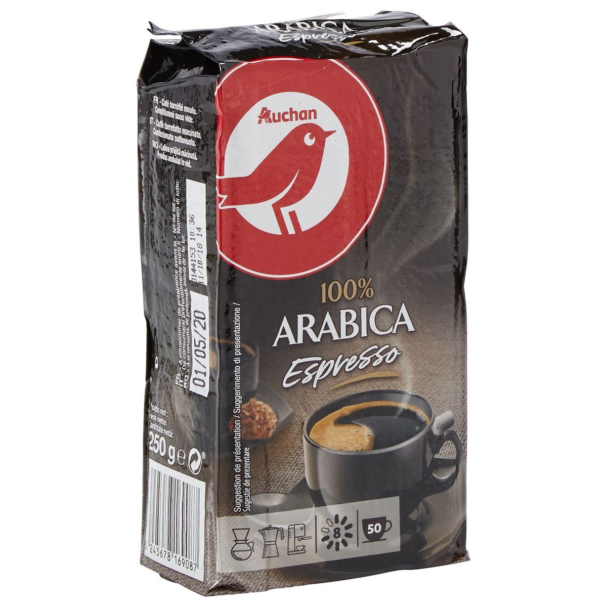 Auchan Café Moulu Espresso Intensité 8 100 Arabica 50 Tasses 250g Pas