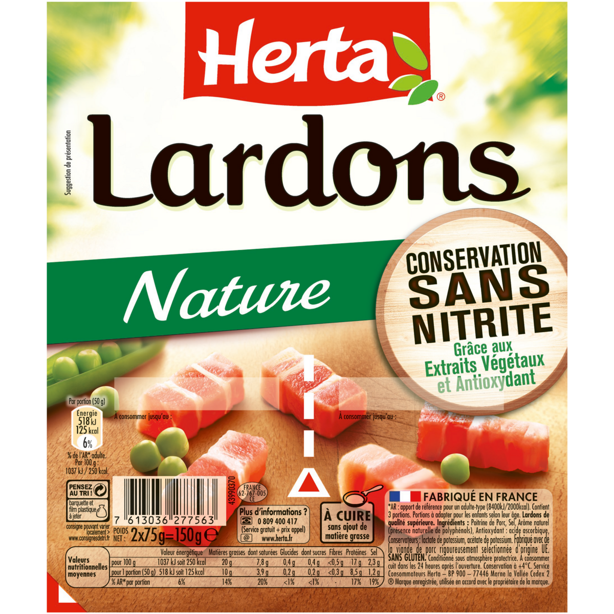 HERTA Lardons nature sans nitrite 2x75g