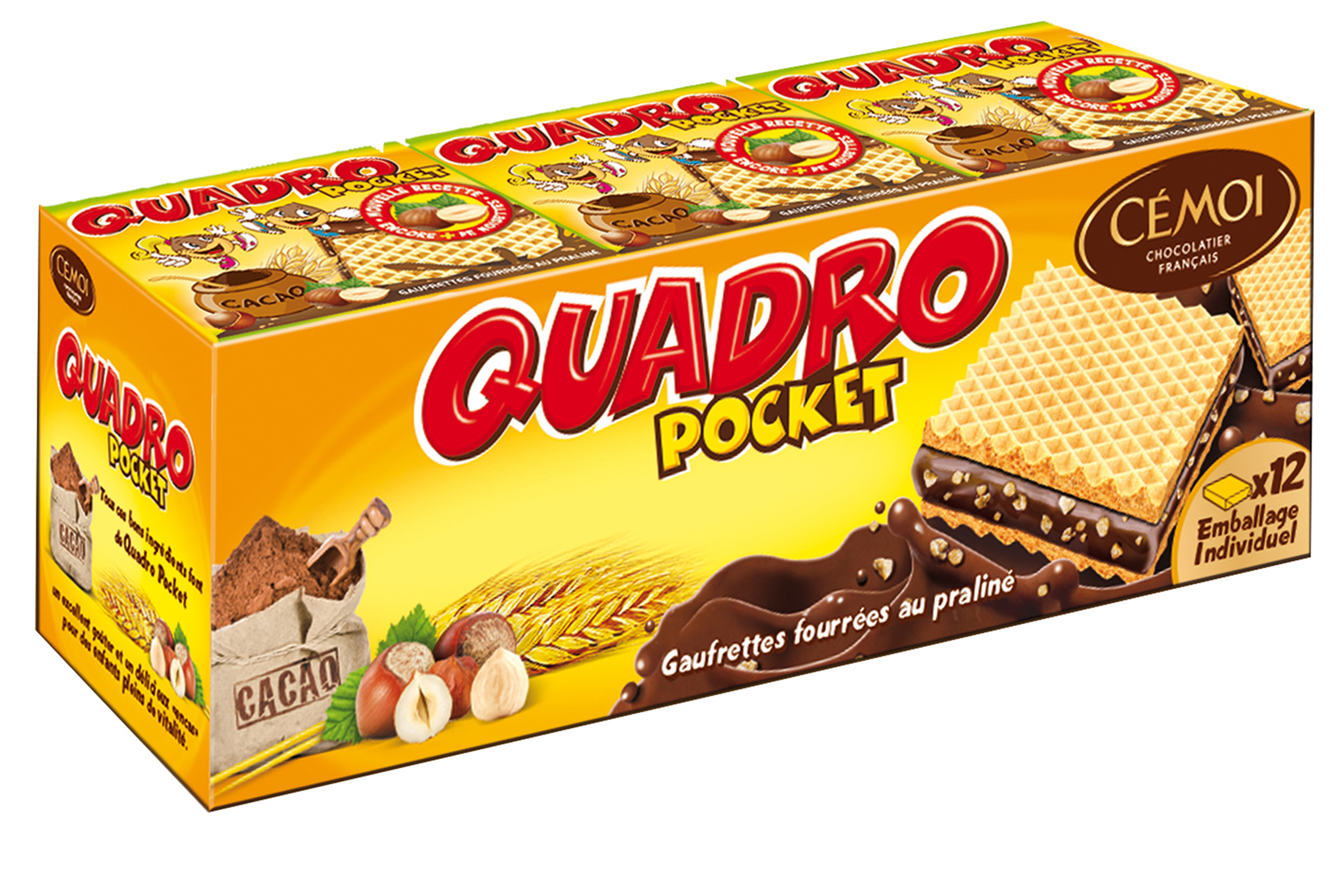 Quadro Pocket Gaufrette Chocolat Praliné Gaufrette fourrage (83%) au  praliné Quadro est fabriqué à Troyes.