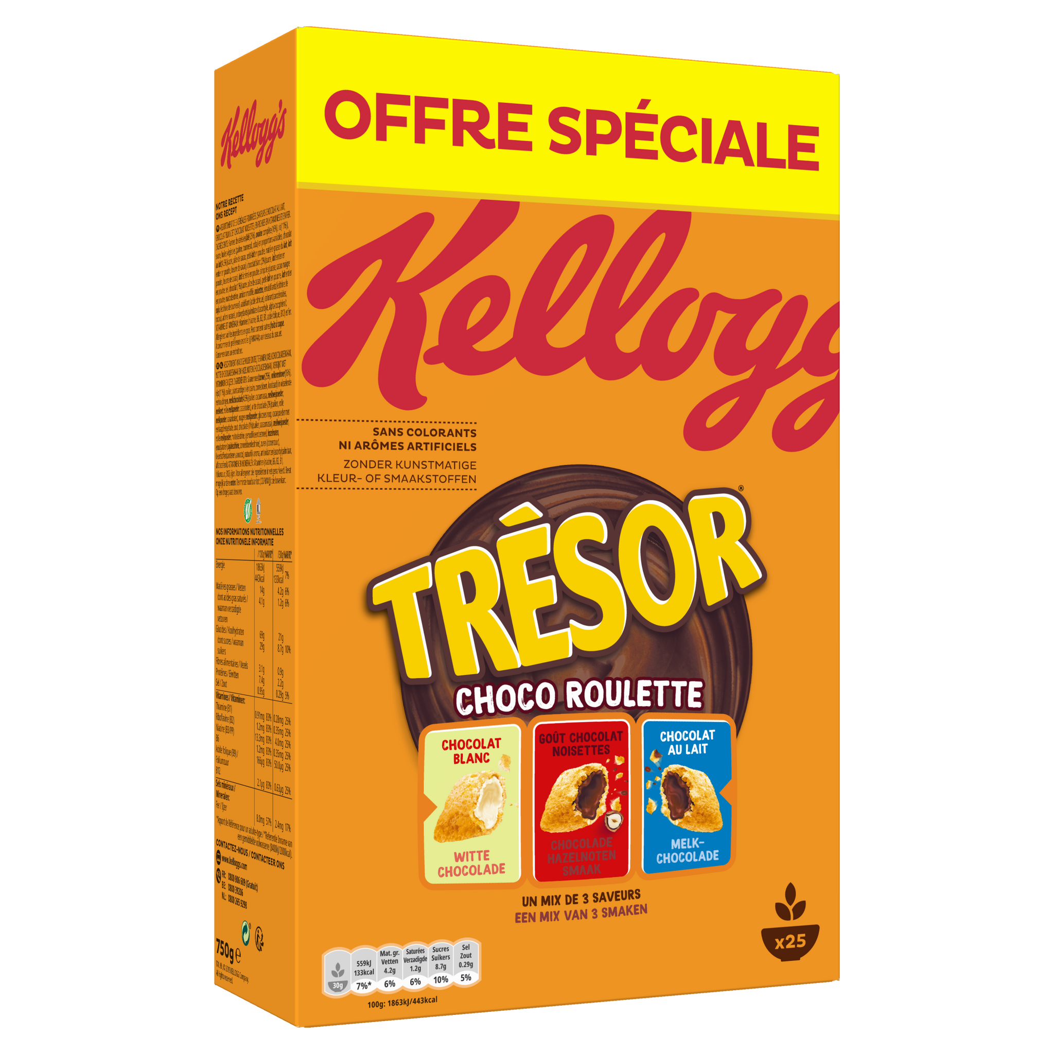 Trésor de Kellogg's - Quatre saveurs. Un nouveau paquet. Pas de hasard  #DesSuspectsInhabituels #ChocoRoulette #ChocolatAuLait #Noisette #Caramel  #ChocolatBlanc