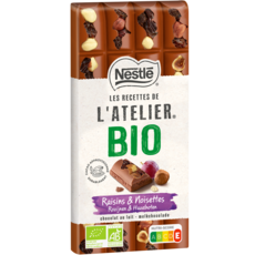 NESTLE Les recettes de l'atelier bio tablette de chocolat au lait raisins et noisettes 170g