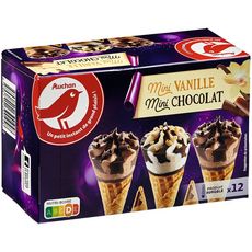 AUCHAN Mini cône glacé vanille chocolat 12 pièces 214g