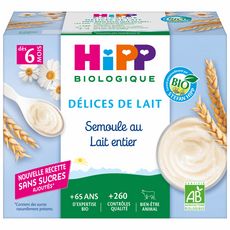 HIPP Petit pot dessert semoule au lait à la vanille bio dès 6 mois 4x100g