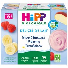 HIPP Petit pot dessert brassé pomme banane framboise bio dès 6 mois 4x100g