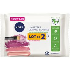 NIVEA Lingettes démaquillante 100% fibres végétales peaux sèches  2 paquets  2x20 lingettes