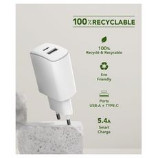 JUST GREEN Adaptateur Chargeur USB A + USB C - 5.4A - Blanc