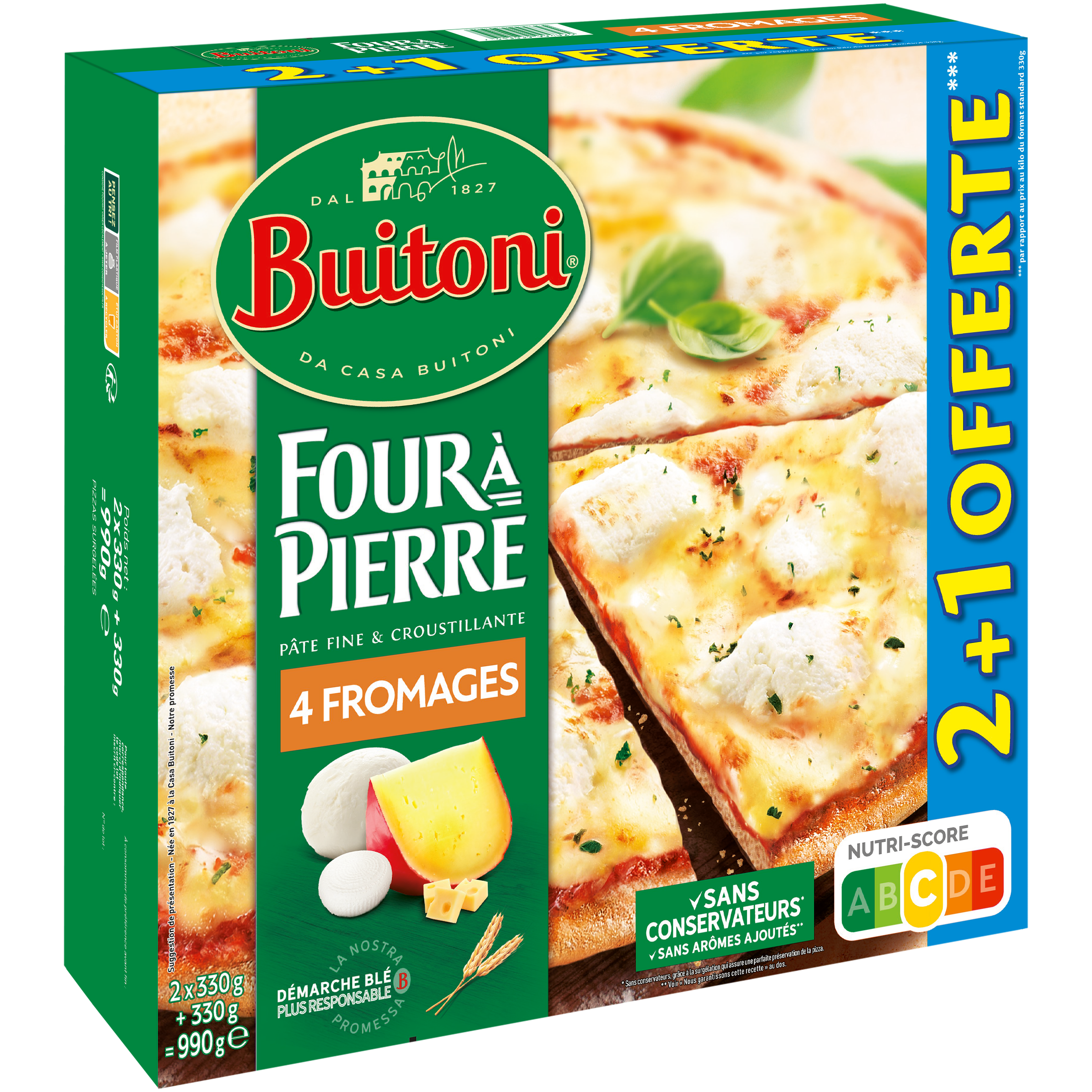 BUITONI Four à Pierre Pizza aux 4 fromages 2 +1 offerte 990g pas cher 