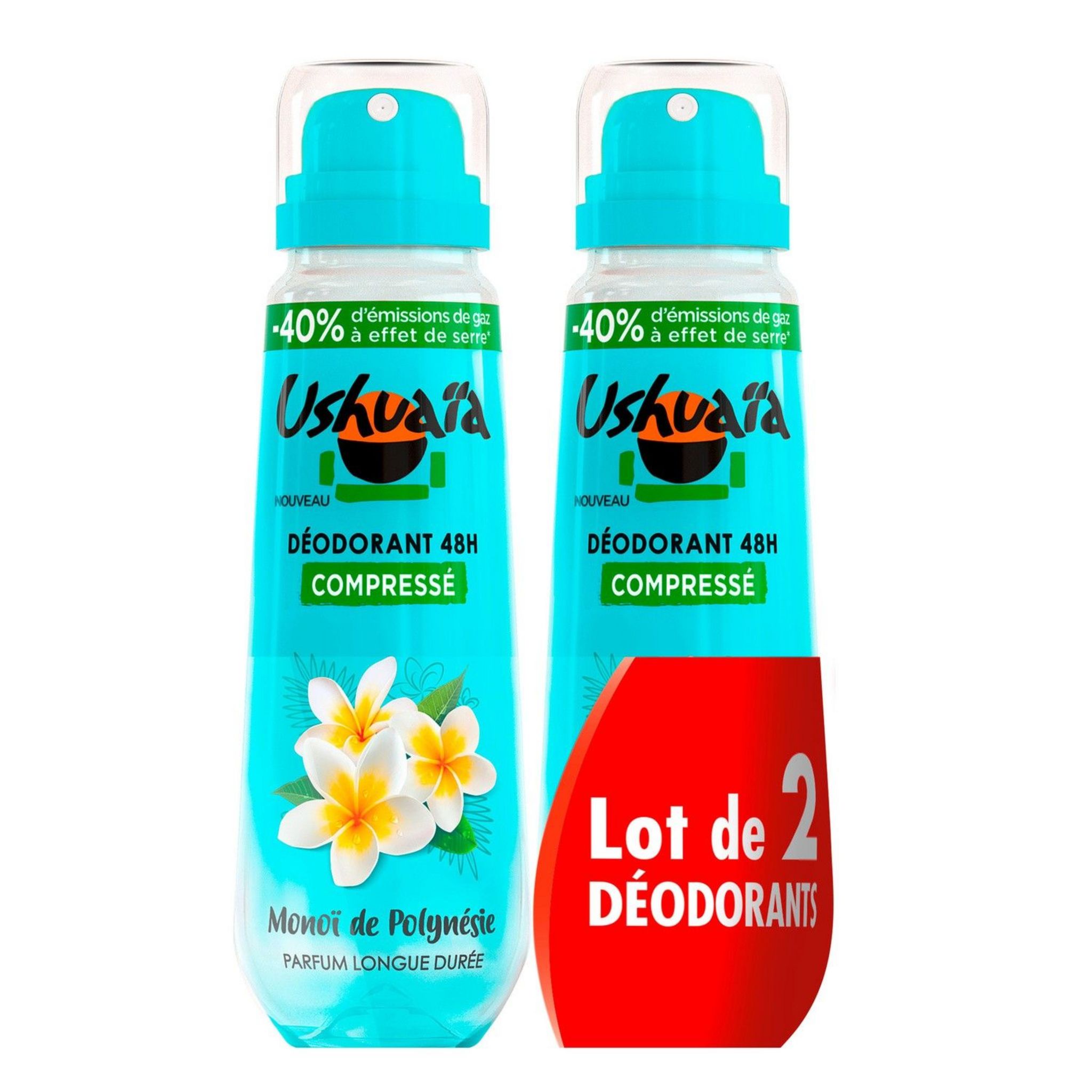 USHUAIA Déodorant spray compressé 48h Monoï de Polynésie 2x100ml pas cher à  prix Auchan