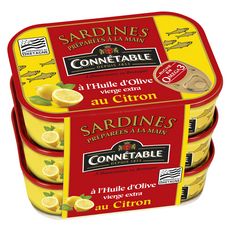 CONNETABLE Sardines préparées à la main à l'huile d'olive vierge et au citron 3x135g