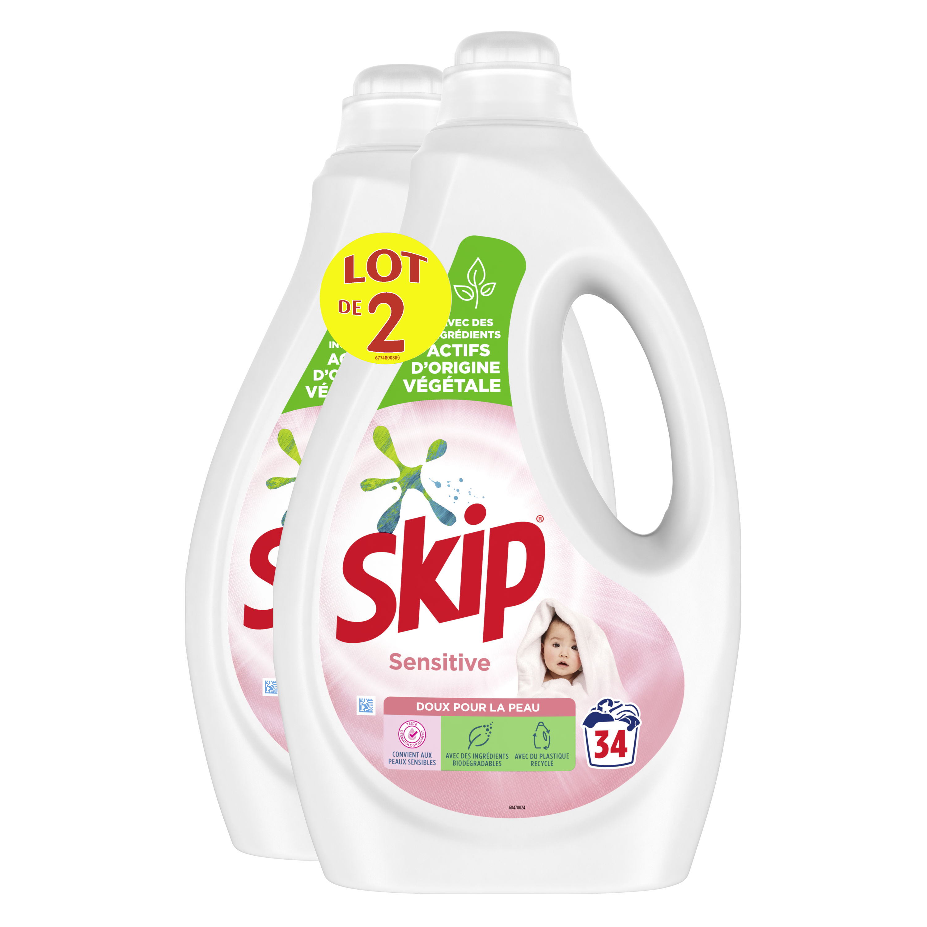 Skip Lessive Liquide Sensitive x136, Spécial Bébés et Peaux Sensibles,  Testé dermatologiquement, 136 Lavages (Lot de 4x34 Lavages)