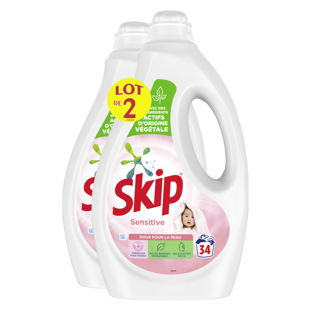 Pack de 2 - Skip Lessive Liquide Sensitive Peaux Sensibles & Bébés Lot  2x1.7l - 68 Lavages