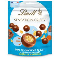 LINDT Sensation crispy billes de chocolat au lait cœur croustillant de céréales soufflées 140g
