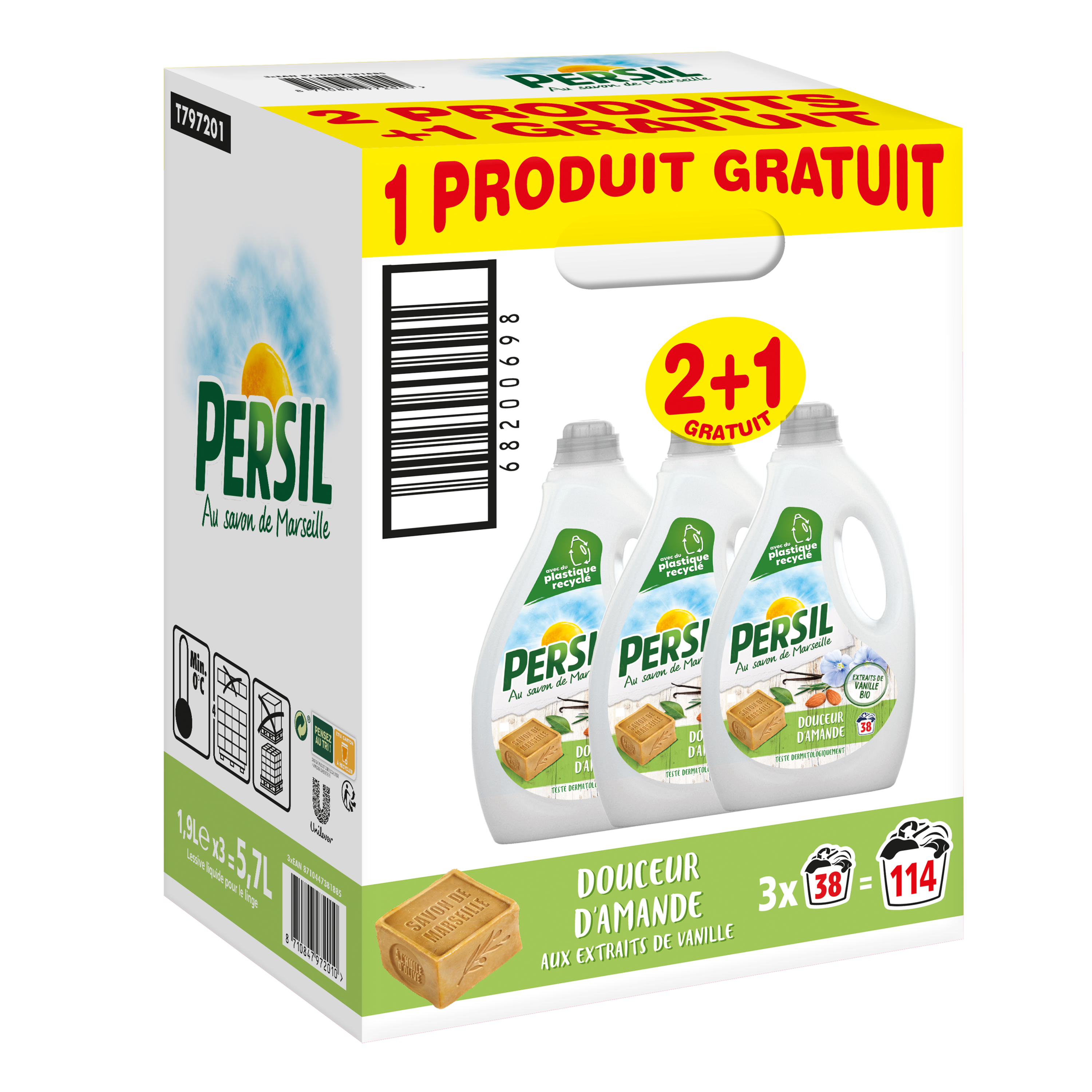 Lessive Persil Pack de 3 - Concentré Lessive Liquide Au Savon de Marseille  37 Lavages - 1,29L