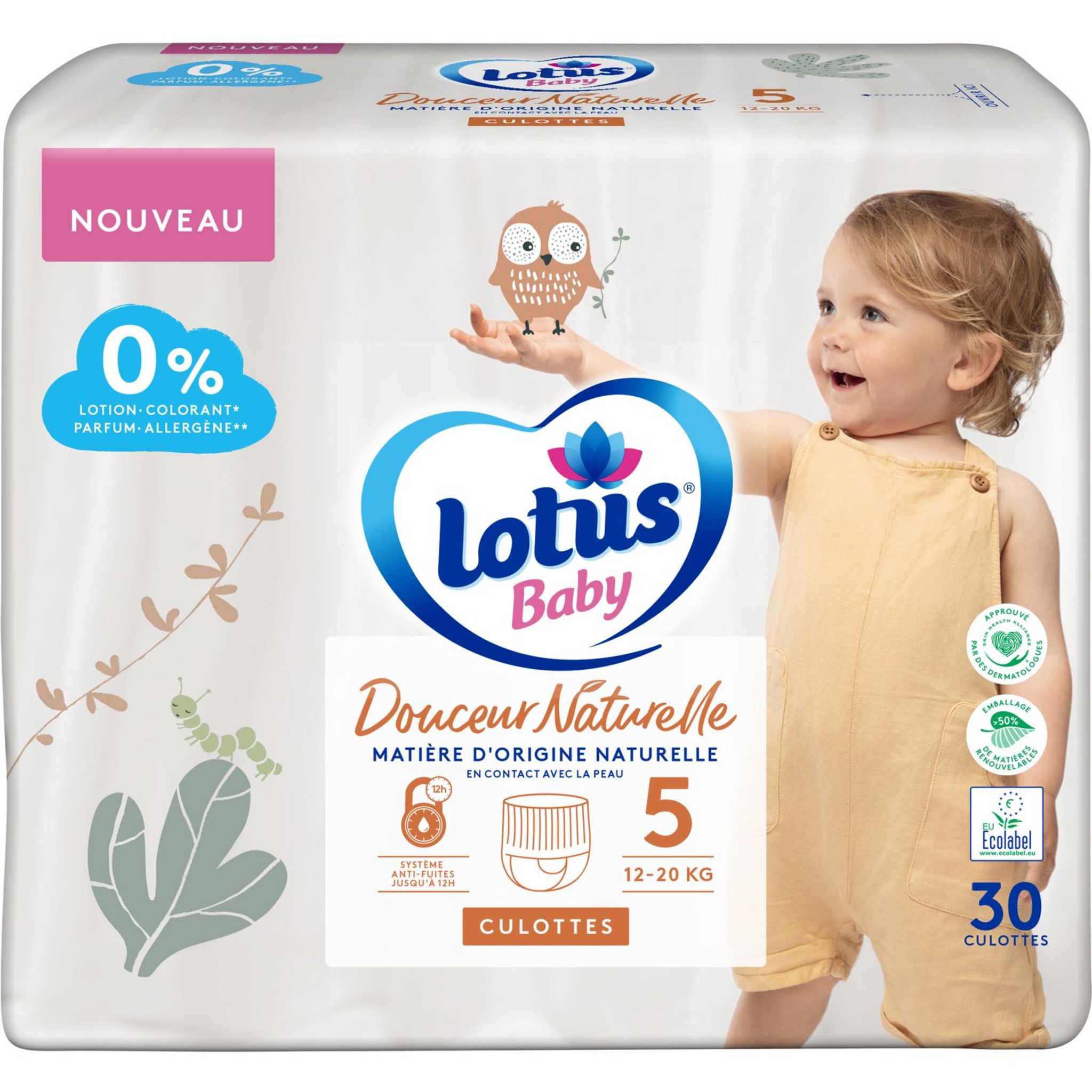 LOTUS BABY Couches culottes douceur naturelle antifuite 12h Taille 5 (12 à  20 kg) 30 pièces pas cher 