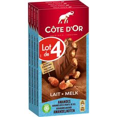 COTE D'OR Tablette chocolat au lait amandes et pointe de sel 4 pièces 4x180g