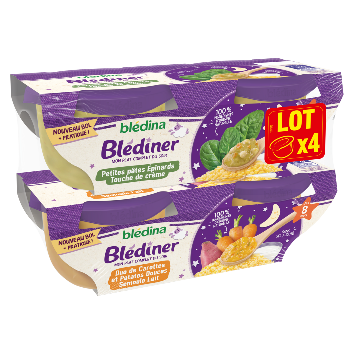 Bledina Blediner Bol Pates Epinards Touche De Creme Et Duo De Carottes Patates Douces Semoule Au Lait Des 8 Mois 4x0g Pas Cher A Prix Auchan