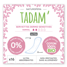 TADAM Serviettes hygiéniques sensitives sans ailettes 100% coton bio normal 16 serviettes