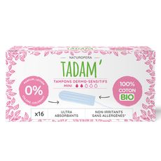 TADAM Tampons en coton bio sans applicateur ultra-absorbant mini 16 tampons