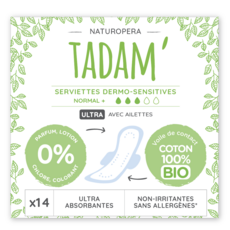TADAM Serviettes hygiéniques sensitives avec ailettes 100% coton bio normal+ 14 serviettes
