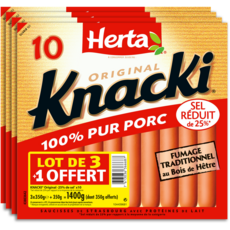 HERTA Herta Knacki Saucisses pur porc sel réduit 3+1 offert 4x350g
