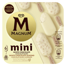MAGNUM Mini bâtonnet glacé vanille enrobés chocolat blanc amande 6 pièces 267g