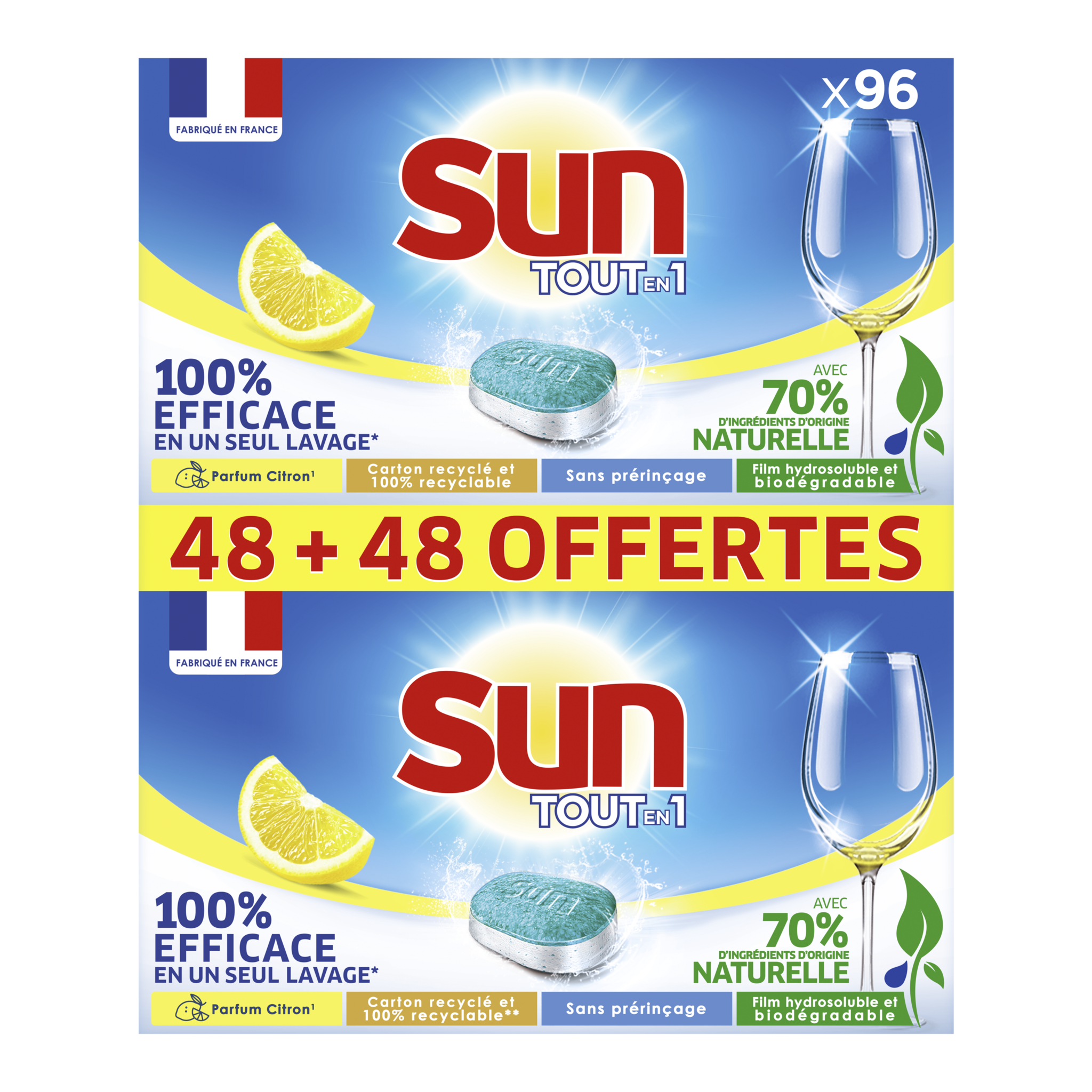 SUN - Lot de 3 x 48 Tablettes Lave-Vaisselle Tout-En-1 Citron