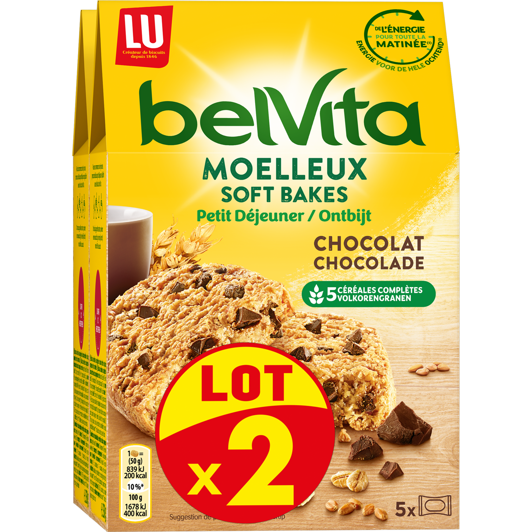 BELVITA Biscuits petit-déjeuner moelleux pépites de chocolat sachets  fraîcheur 2x5 sachets 2x250g pas cher 