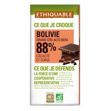 ETHIQUABLE Tablette de chocolat noir bio 88% cacao Bolivie grand cru 1 pièce 100g
