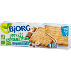 BJORG Biscuits bio fourrés chocolat lait noisette, sachets fraîcheur 3x3 biscuits 225g