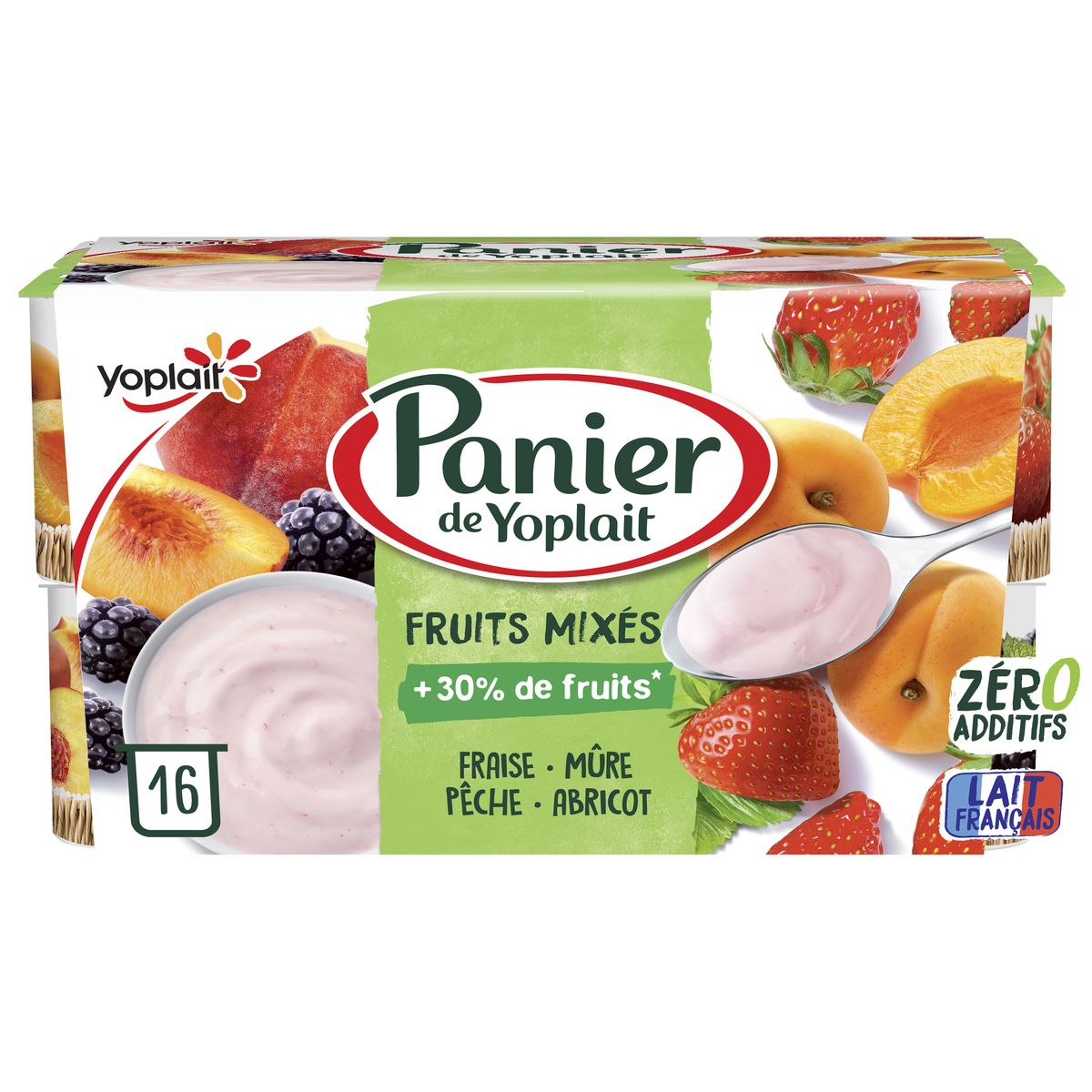 PANIER DE YOPLAIT Yaourts aux fruits mixés fraise mure pêche et abricot 16x125g