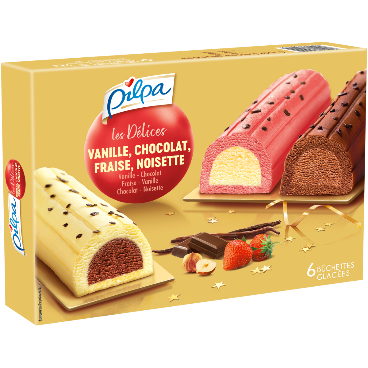 PILPA Les Délices Bûchettes glacées vanille chocolat fraise et noisette 6 pièces 354g