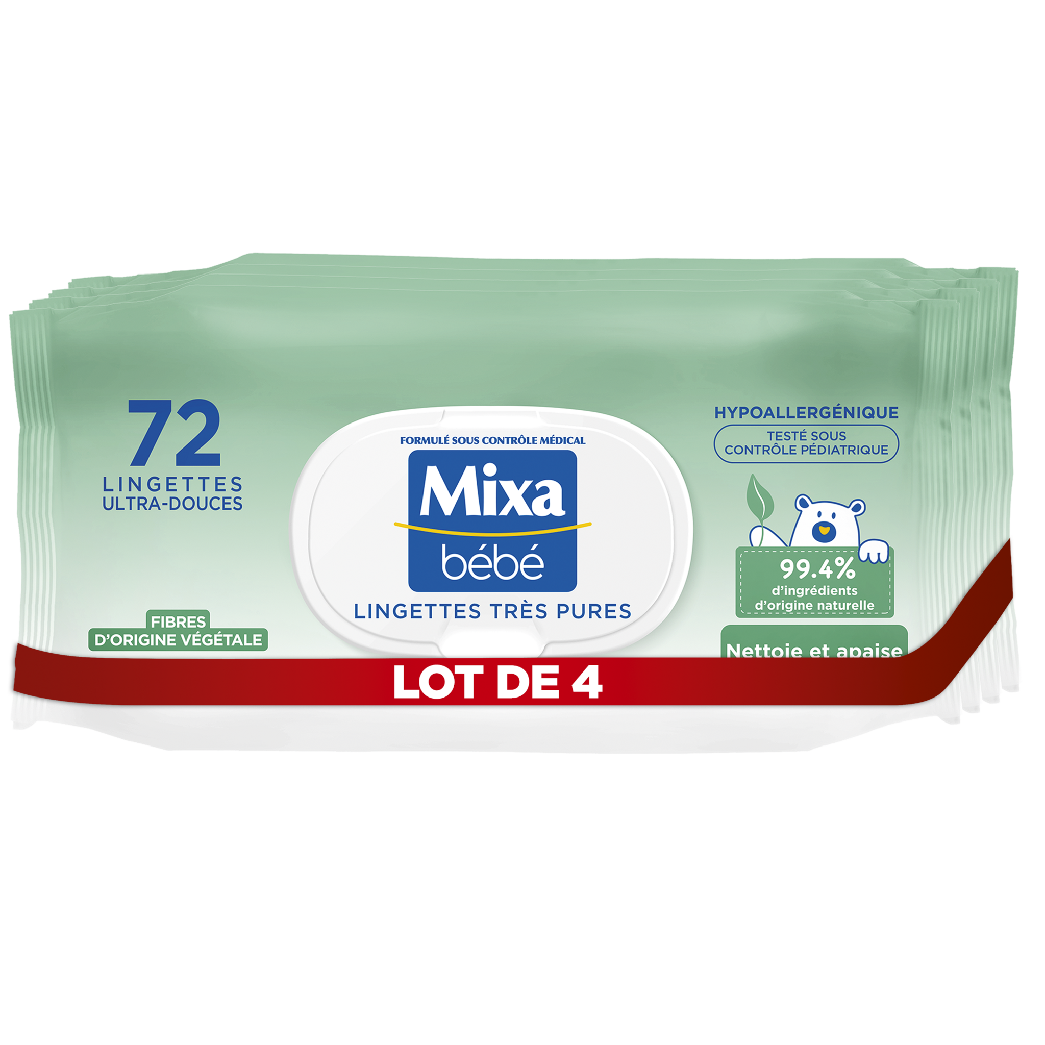MIXA BEBE Lingettes très pures ultra douces fibres végétales 4x72